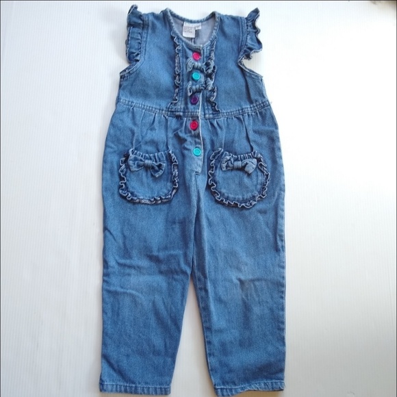 Vintage Other - VINTAGE girls 3t denim ruffles & bows pinafore overalls romper